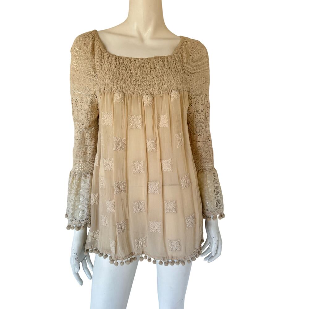 Ruby Yaya sheer blouse top beige sz S